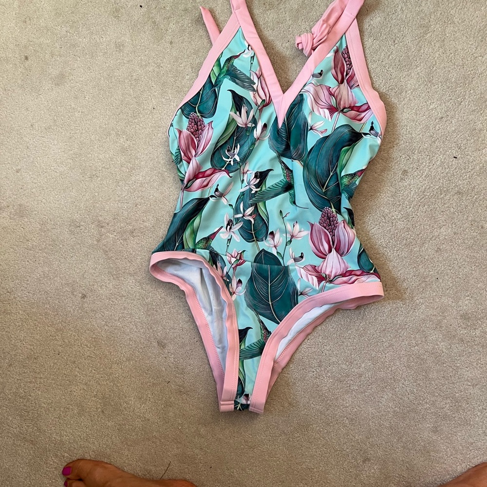 Pink & Green palm leaf bathing suit Medium